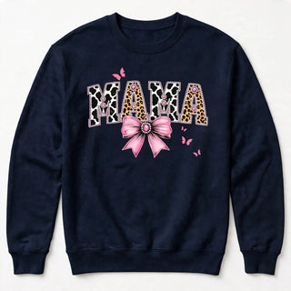 MAMA cow print varsity design on navy sweatshirt