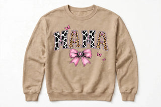 MAMA cow print varsity design on sand sweatshirt