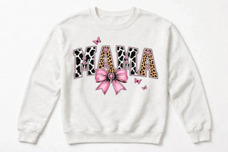 MAMA cow print varsity design on white sweatshirt