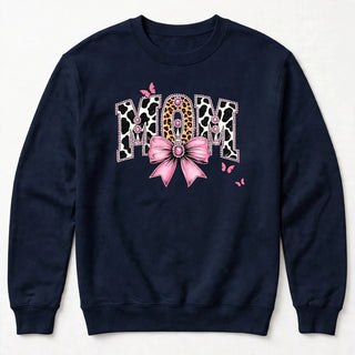 MOM cow print varsity design on navy sweatshirt
