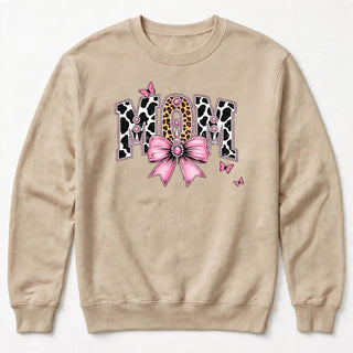 MOM cow print varsity design on sand sweatshirt