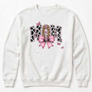 MOM cow print varsity design on white sweatshirt