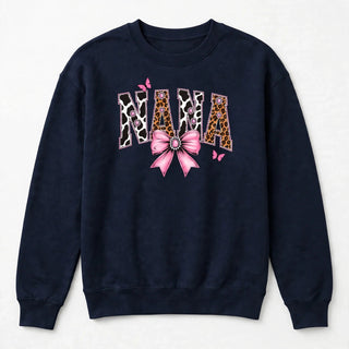 NANA cow print varsity design on navy sweatshirt