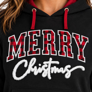 Merry Christmas patch detail on black hoodie