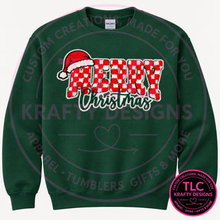 Merry Christmas patch on forest green crew neck sweatshirt