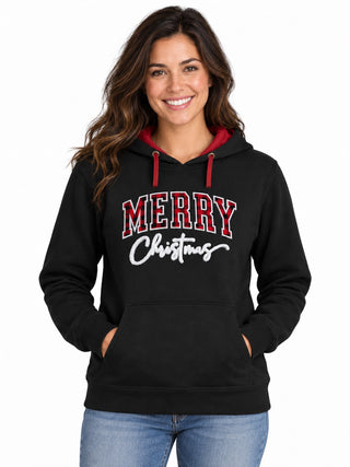 Merry Christmas buffalo plaid and fuzzy patch design on Next Level Apparel Laguna hoodie in Black/Red