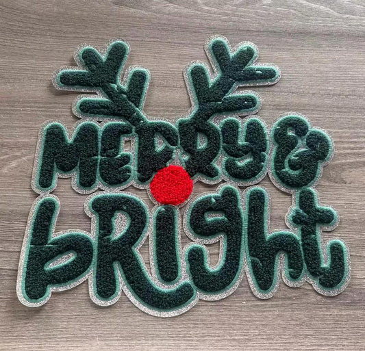 Merry and Bright Reindeer Chenille Patch – Festive Holiday Iron-On / Sew-On Applique CK
