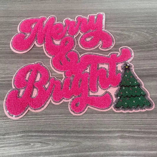 XL Merry and Bright Chenille Patch – Festive Christmas Iron-On / Sew-On Appliqué CK