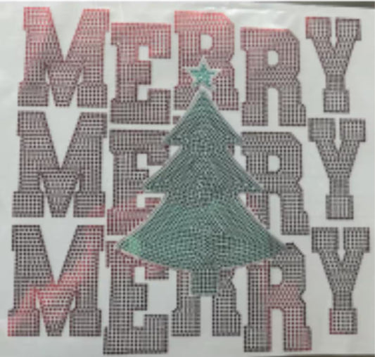 Merry Merry Merry Spangle Transfer | Christmas Tree Sparkle Iron-On | Holiday Rhinestone Heat Transfer | Ready to Press Festive Shirt Design CK