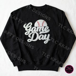 Baseball Game Day chenille patch on black crewneck sweatshirt