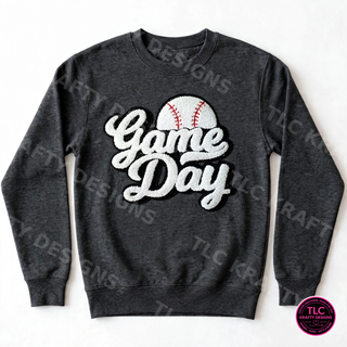 Baseball Game Day chenille patch on dark heather crewneck sweatshirt