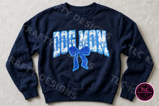 Blue Dog Mom chenille bow patch on navy crewneck sweatshirt