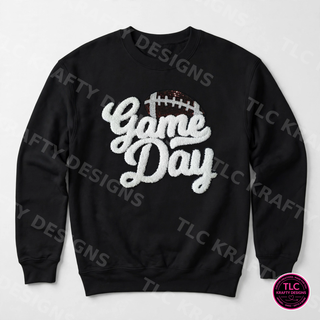 Football Game Day chenille patch on black crewneck sweatshirt