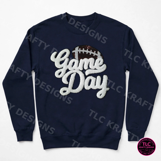 Football Game Day chenille patch on navy crewneck sweatshirt