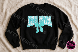 Mint Green Dog Mom chenille bow patch on black crewneck sweatshirt