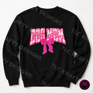 Pink Dog Mom chenille bow patch on black crewneck sweatshirt