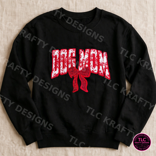 Red Dog Mom chenille bow patch on black crewneck sweatshirt
