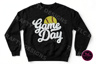 Softball Game Day chenille patch on black crewneck sweatshirt