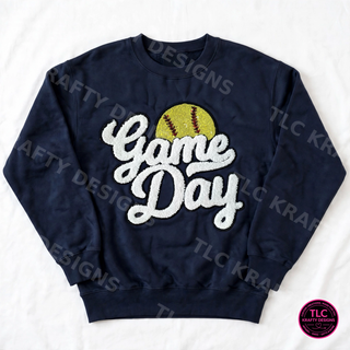 Softball Game Day chenille patch on navy crewneck sweatshirt