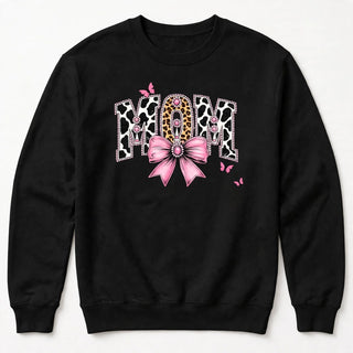 MOM cow print varsity design on black sweatshirt