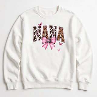 NANA cow print varsity design on white sweatshirt