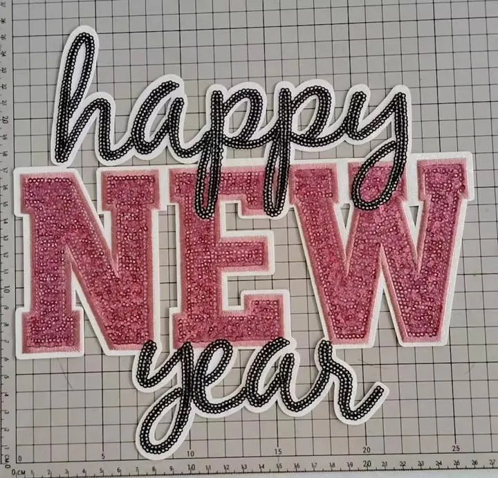 XL Happy New Year Sequin Patch – Festive Holiday Iron-On / Sew-On Applique CK