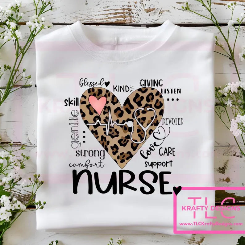 Nurse Leopard Print Heart Sweatshirt - Healthcare Crew Neck or Hoodie CK