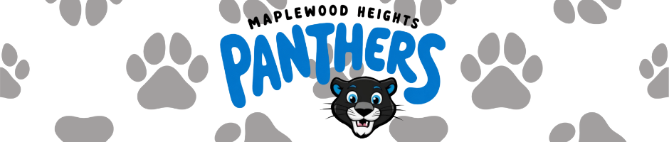 A digital graphic banner featuring the Maplewood Heights Panthers logo. The design has a white background patterned with gray paw prints, featuring the text 'MAPLEWOOD HEIGHTS PANTHERS' in blue and black, with a cartoon black panther mascot head.