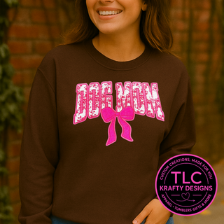 Pink Dog Mom chenille bow patch on brown crewneck sweatshirt