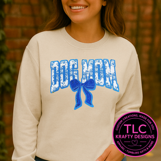 Blue Dog Mom chenille bow patch on oatmeal crewneck sweatshirt