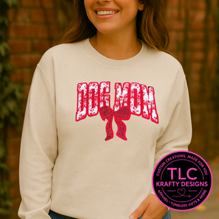 Red Dog Mom chenille bow patch on oatmeal crewneck sweatshirt