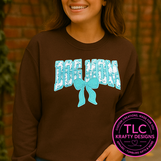 Mint Green Dog Mom chenille bow patch on brown crewneck sweatshirt