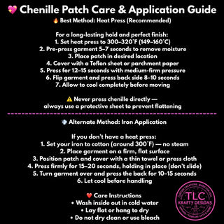 Chenille patch care and application guide on a black background with TLC Krafty Designs logo.
