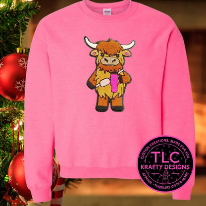 PREORDER XL Highland Cow Holding Bright Pink Cup Valentine Patch – Chenille Iron-On / Sew-On Applique CK