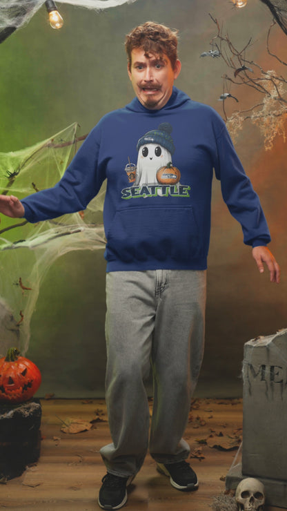 Seattle football Ghost Hoodie – Cozy Fall Halloween Sweatshirt with Pumpkin & Coffee Design