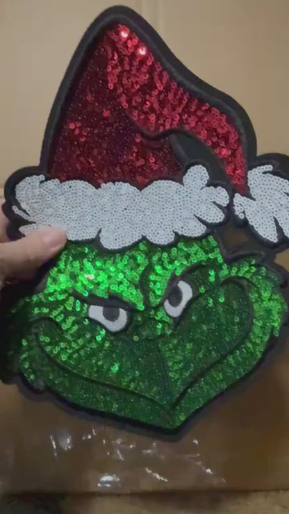 XL Green Man Christmas Sequin Patch – Feative Christmas Iron-On / Sew-On Applique CK