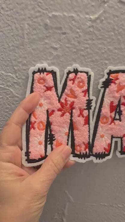 XL MAMA Pink Floral Chenille Patch - Valentine's Day Iron-On/ Sew-On Appliqué