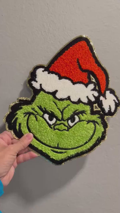 Green Man Grinchy Face Chenille Patch – Feative Christmas Iron-On / Sew-On Applique CK