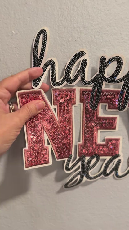 Happy New Year Sequin Patch Sweatshirt – Cozy Holiday Sequin and Chenille Patch Crew Neck or Hoodie