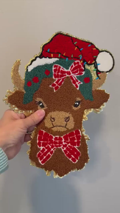 XL Santa Hat Highland Cow Chenille Patch – Festive Christmas Iron-On / Sew-On Appliqué CK