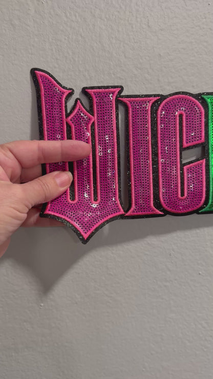 XL WICKED Sequin Patch Color Filled Design – Hot Pink and Green Sparkly Iron-On / Sew-On Applique CK