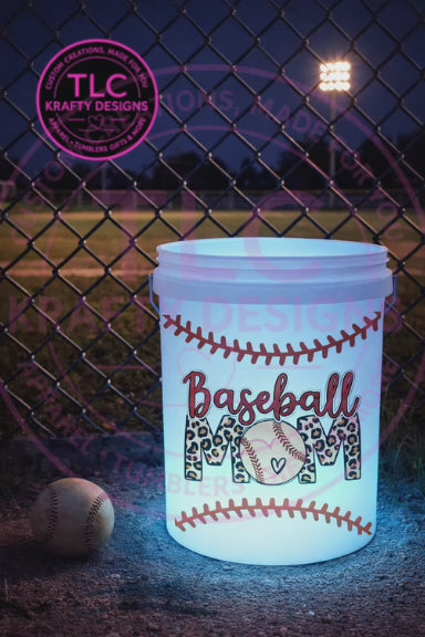 Baseball Mom White LED Bucket with Lid | Custom UVT Design + Seat Lid Upgrade