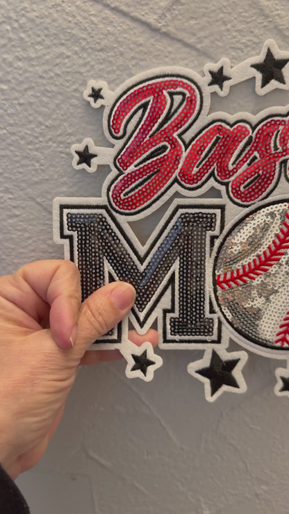 XL Baseball Mom Chenille Patch – Oversized Iron On Sports Patch | Sequin Baseball Appliqué | Jacket Sweatshirt Patch