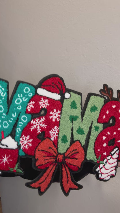 Christmas MAMA Patch – 10” Extra Large Iron-On Holiday Patch with Bow, Cocoa, Santa Hat & Antlers