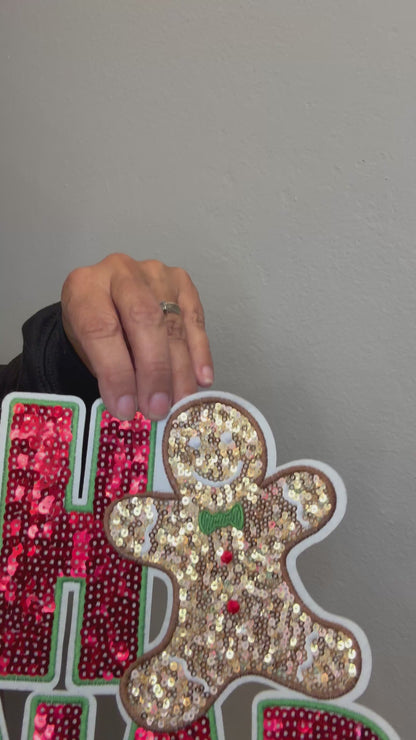🎄 OH SNAP Patch – Holiday Sequin Extra Large Iron-On with Gingerbread Man (Approx. 10”)