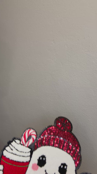 Holiday Ghost Patch with Gingerbread & Peppermint Latte – Chenille Sequin Iron On or Sew On