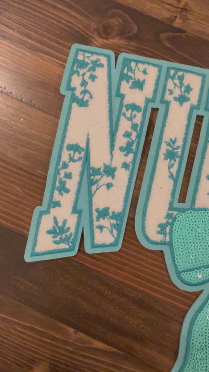 XL Nurse Chenille Patch With Sequin Bow Hot Pink – Healthcare Iron-On / Sew-On Appliqué CK