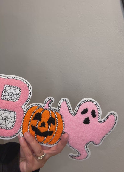 BOO Extra Large Patch – Pink Ghost, Pumpkin, and Spider Web Chenille Iron-On Halloween Patch