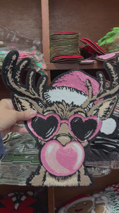 XL Pink Reindeer Chenille Patch – Holiday Deer with Heart Sunglasses & Bubblegum