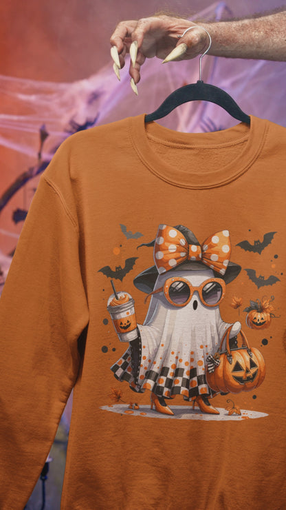 Trendy Halloween Ghost Hoodie – Cute Pumpkin, Coffee & Bat Design | Fall Sweatshirt for Women